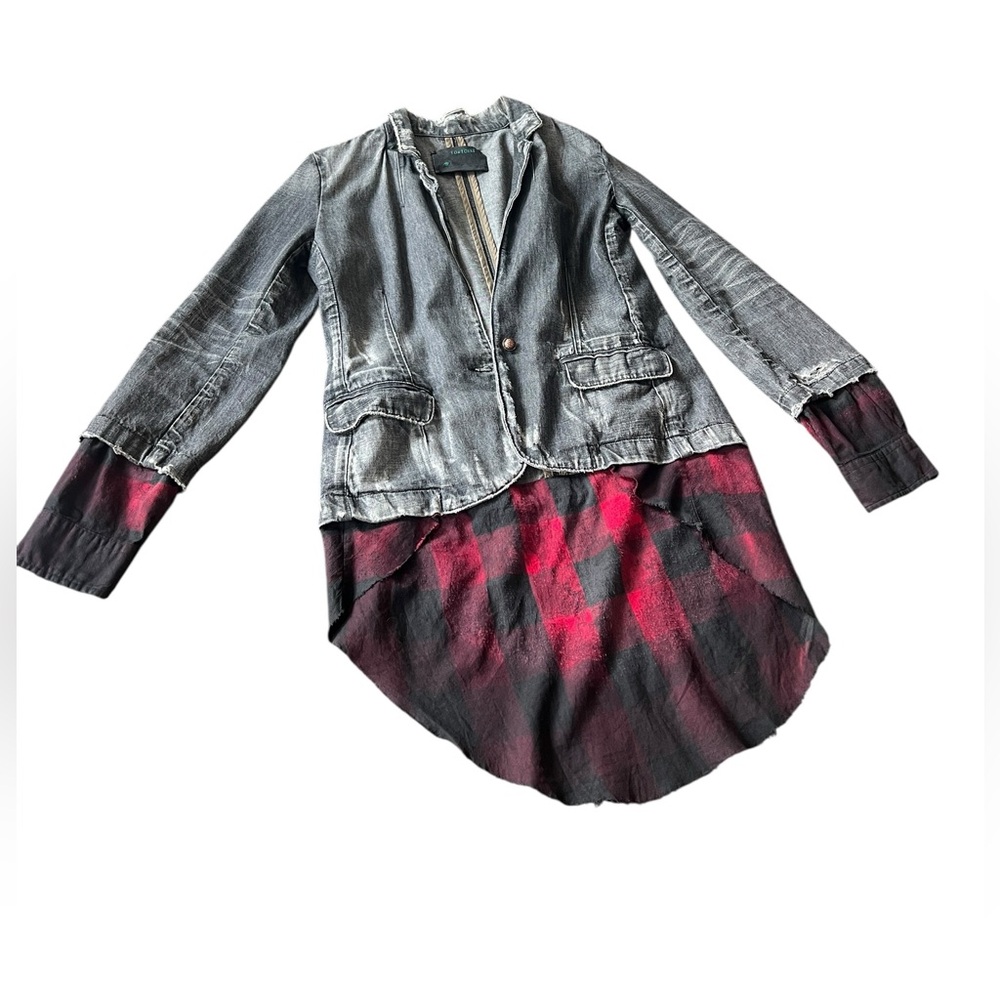 Distressed Jean jacket with plaid shirt attached luxury brand tortoise $300 M